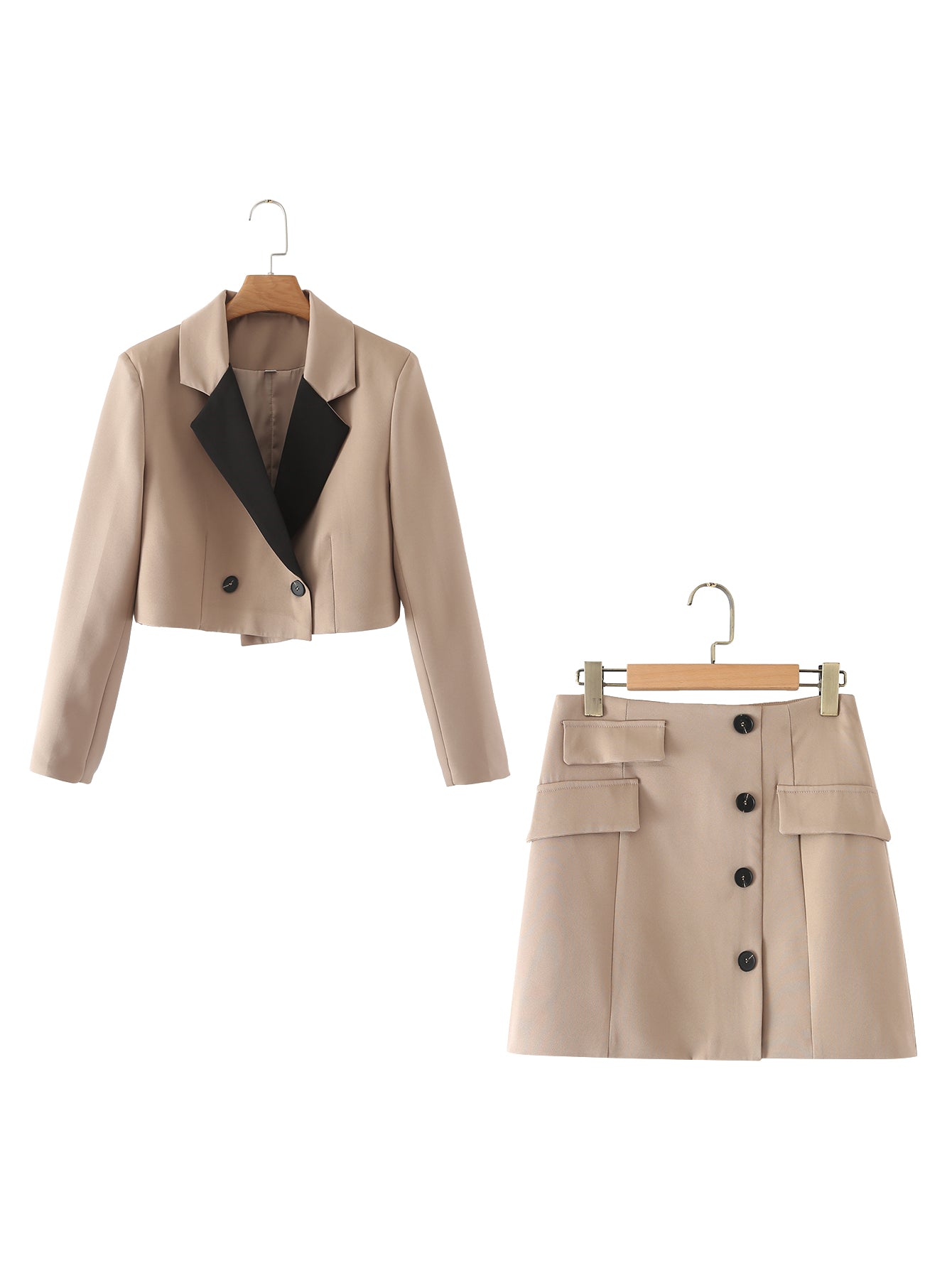 Women Clothing Colorblock Short Blazer Skirt Set