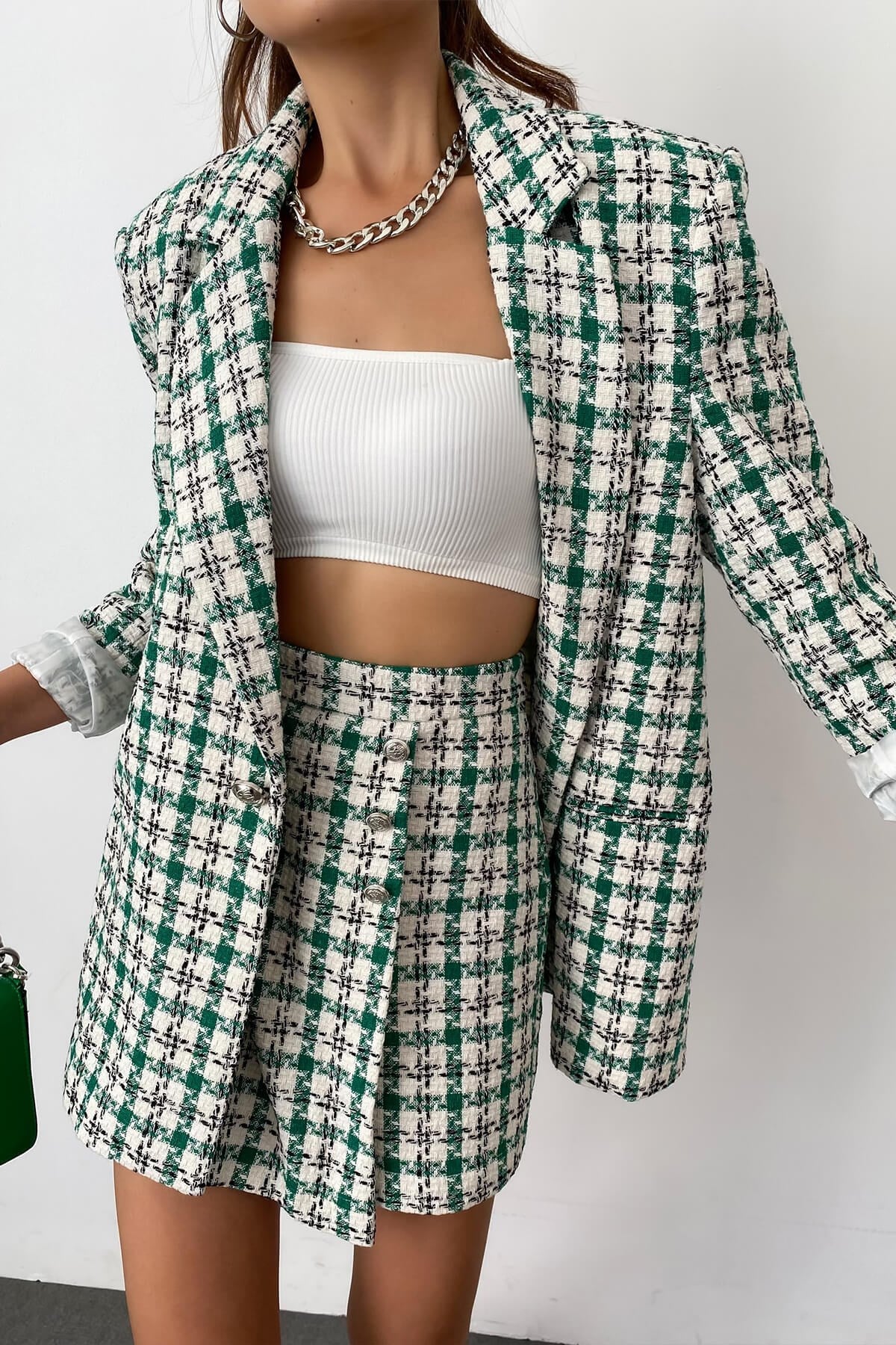 Blazer holgado clásico a cuadros verdes para mujer, abrigo de longitud media con cuello para primavera y otoño