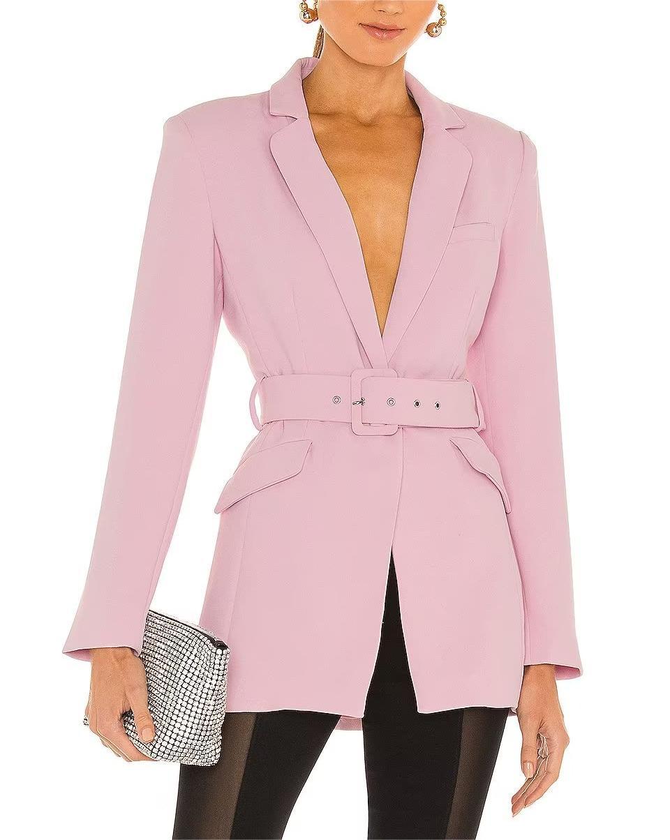 Otoño elegante cuello manga larga cinturón cintura rosa pequeña Blazer Mujer