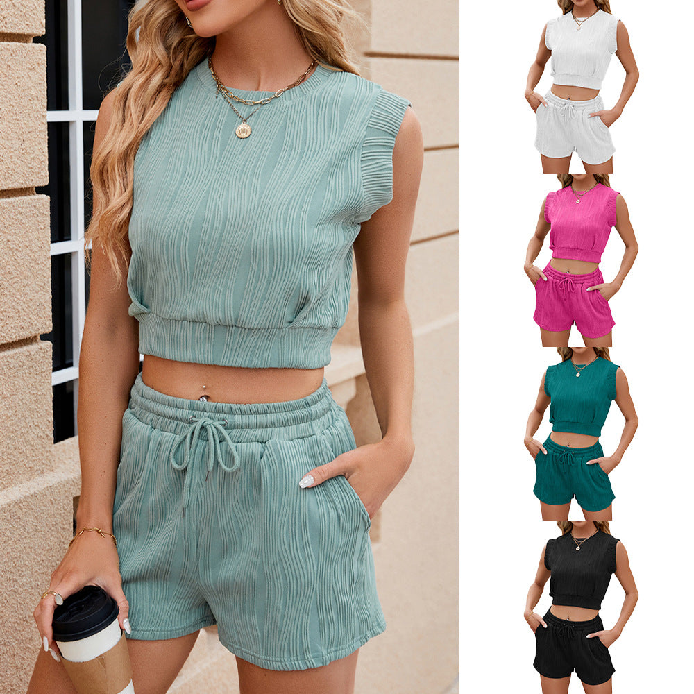 Traje de diseño de patrón de onda de color sólido para mujer Top sin mangas con cuello redondo informal y pantalones cortos con diseño de cordón Conjunto de 2 piezas de moda Ropa de verano