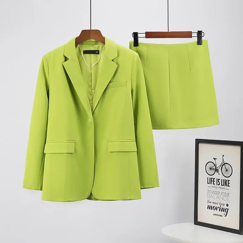 Straight Collared Long Sleeve Blazer Casual High Waist Short Skirt Women Spring Summer Green A line Skirt Set