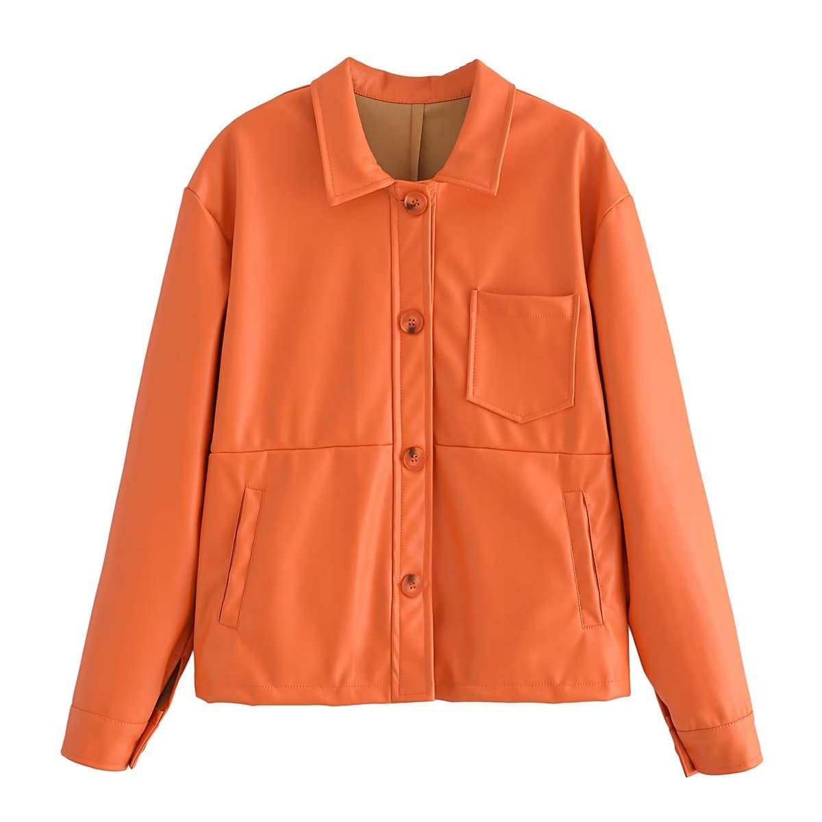 Vêtements d'automne pour femmes, couleur unie, col Polo, Faux cuir, couture, veste