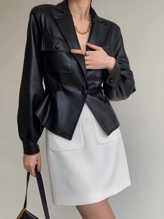 Women Clothing Autumn Winter All-Matching Leather Slim Blazer