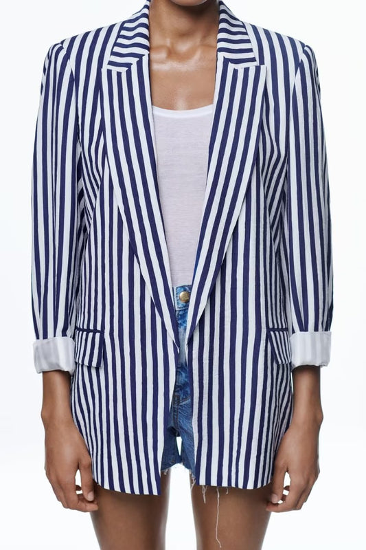 Summer Women Casual Pocket Striped Blazer