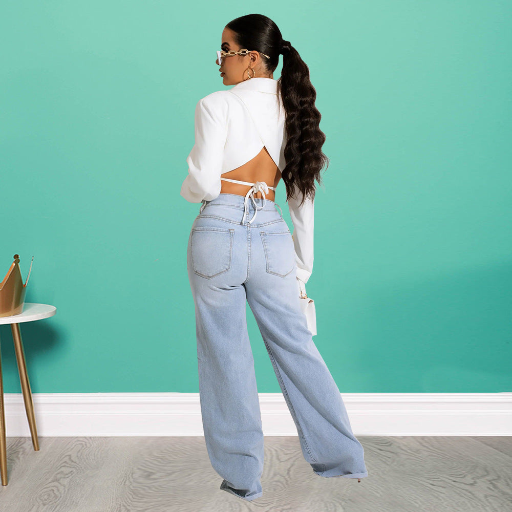 Les femmes portent un col en V dos nu manches longues court petit blazer vêtements d'extérieur