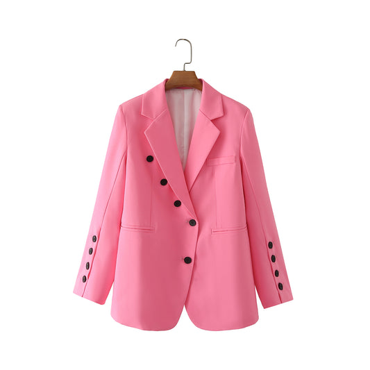 Spring Autumn Oblique Buckle Multi-Button Irregular Asymmetric Pink Blazer Women Sweet Loose Top