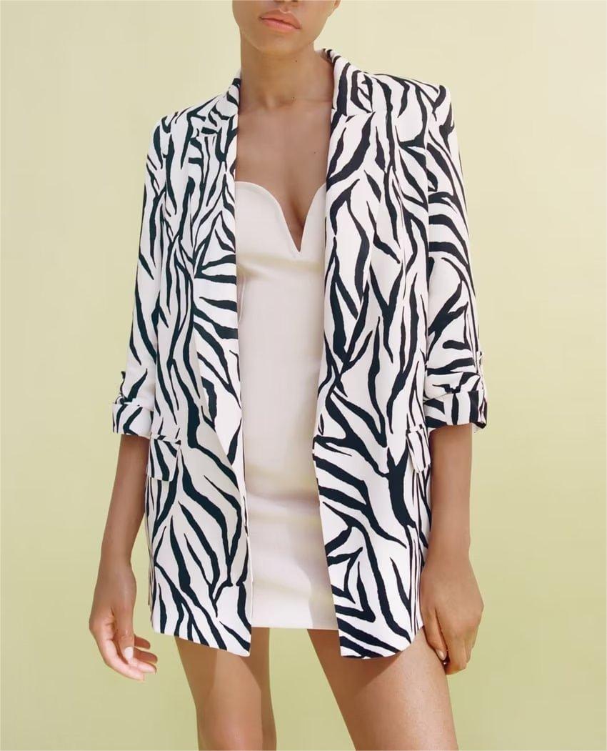 Summer Women Vintage Printed Animal Pattern Curling Sleeves Collared Casual Blazer