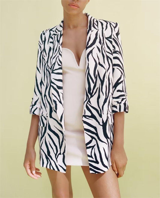 Summer Women Vintage Printed Animal Pattern Curling Sleeves Collared Casual Blazer