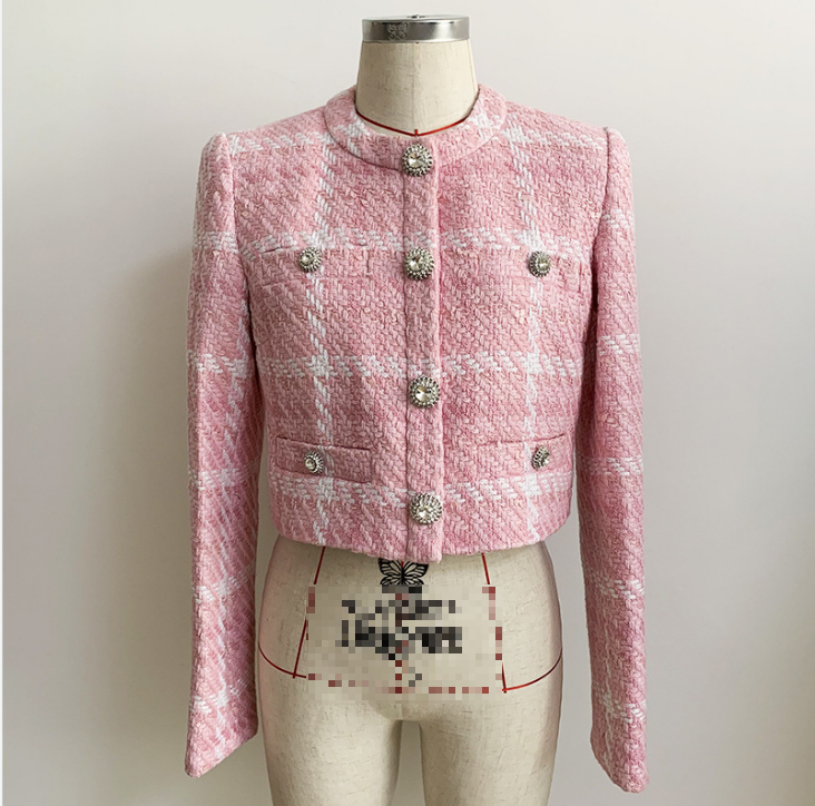 Chaqueta de lana tejida a cuadros rosa clásica con botones de diamante de tela de alta precisión para Otoño e Invierno abrigo pequeño