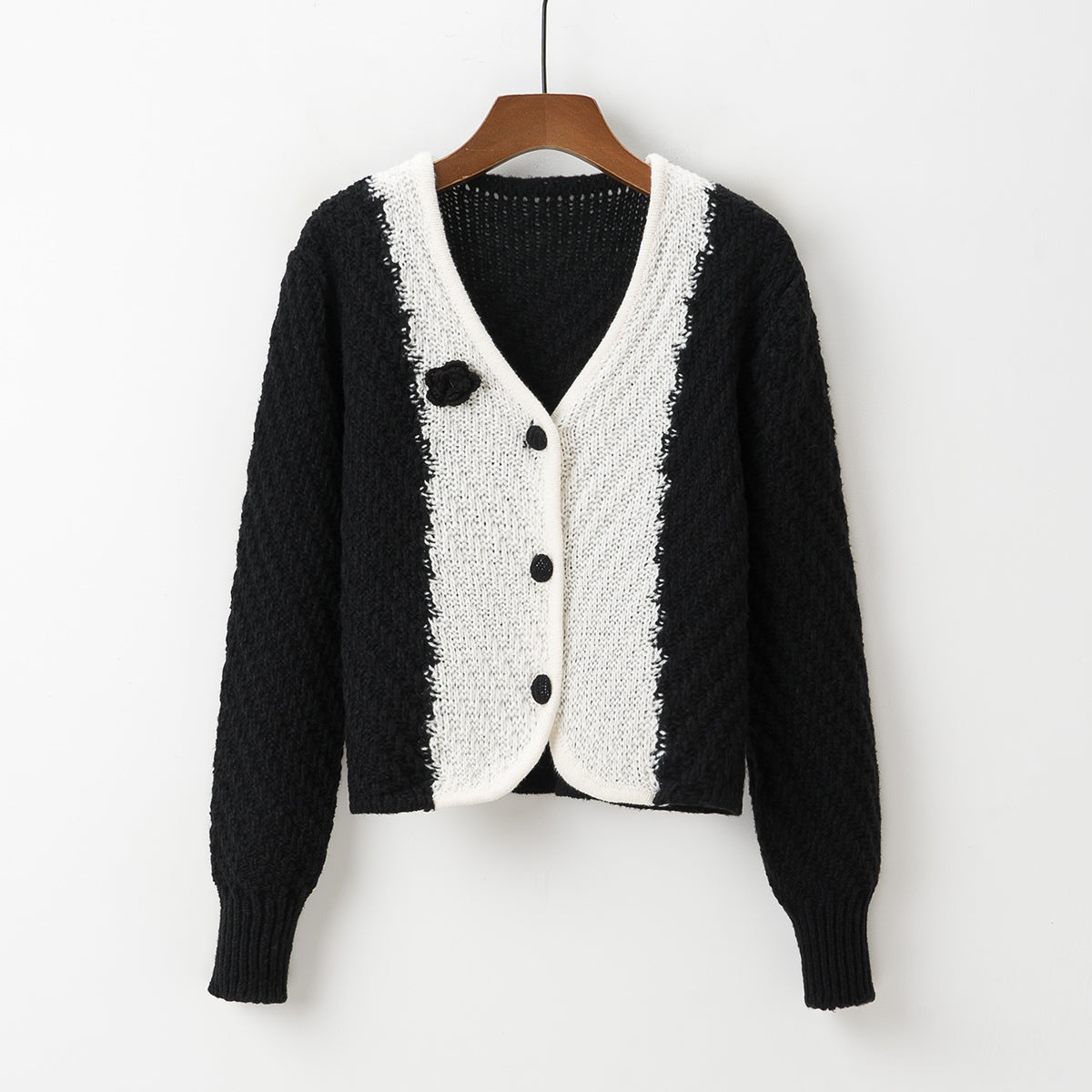 Contrast Color Floral Knitted Cardigan for Women Autumn Winter Loose Design Sweater Coat