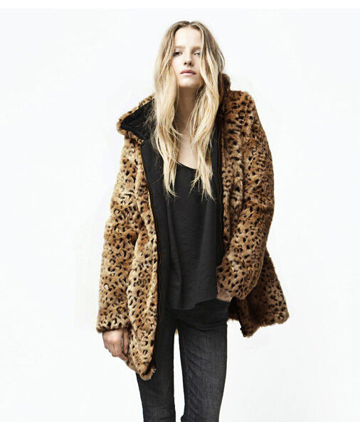 Autumn Winter Warm Faux Fur Coat Artificial Wool Plus Size Mid-Length Leopard Print Women Coat