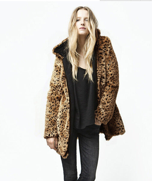 Autumn Winter Warm Faux Fur Coat Artificial Wool Plus Size Mid-Length Leopard Print Women Coat