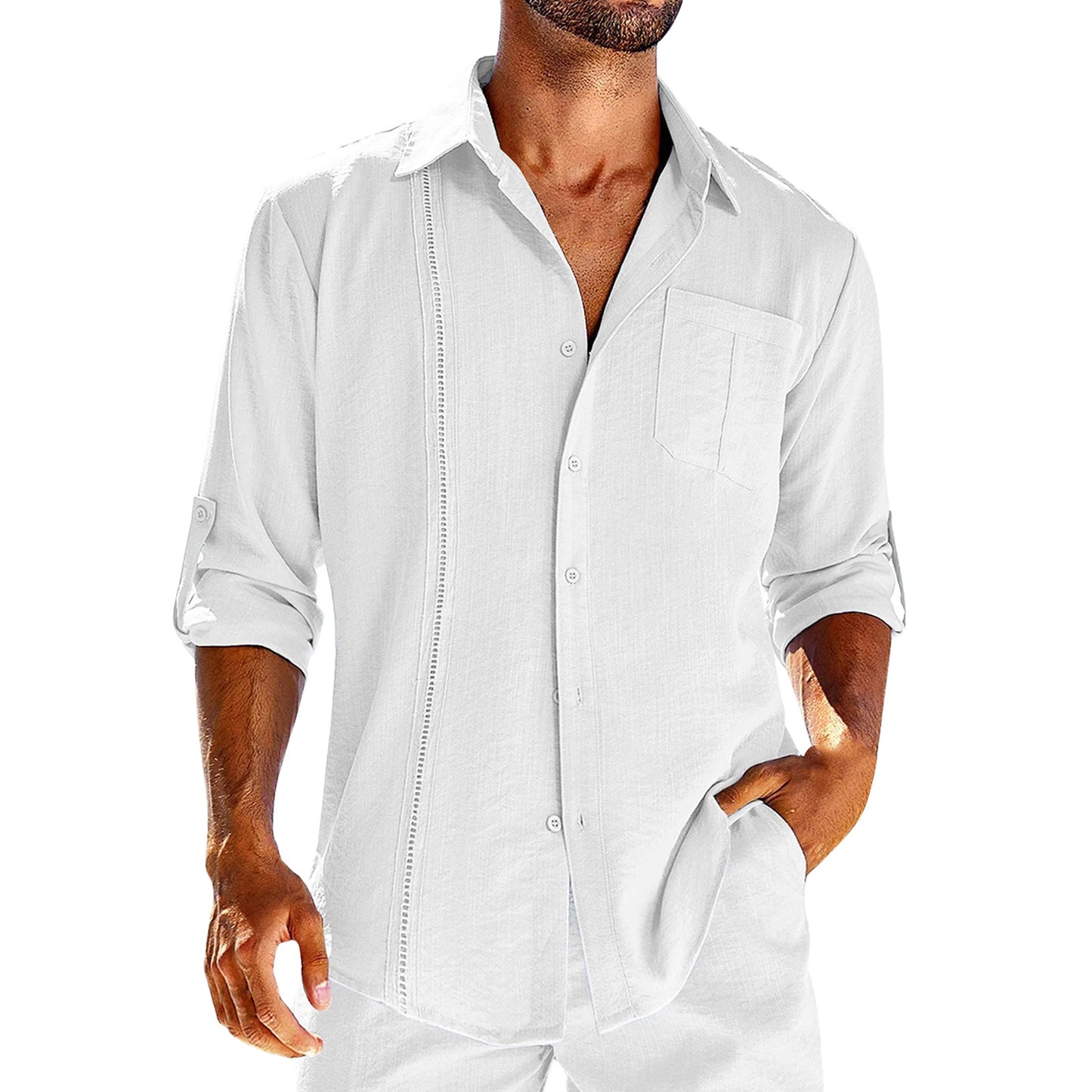 Camisa casual de manga larga con bolsillo, cuello polo de encaje, botón de color sólido, ropa para hombre