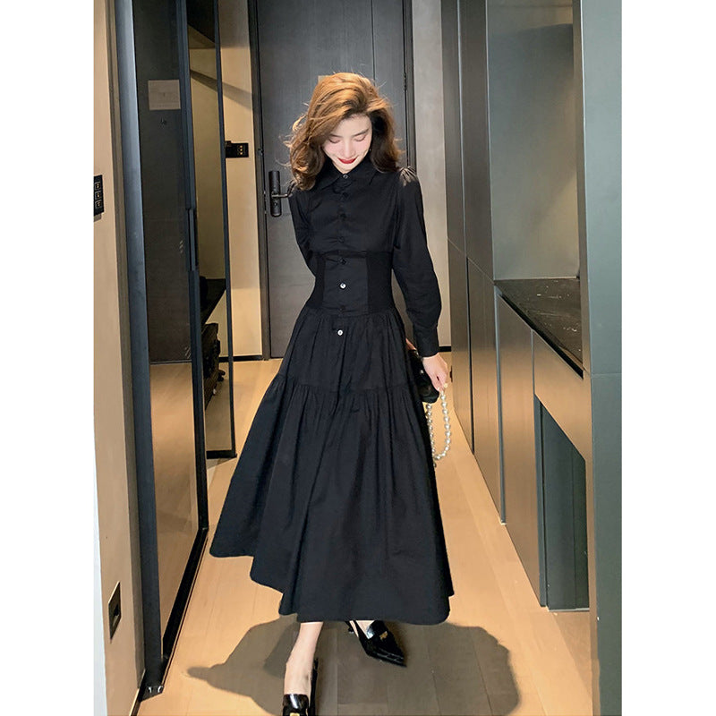 Vestido camisero estilo Hepburn elegante retro estilo francés negro