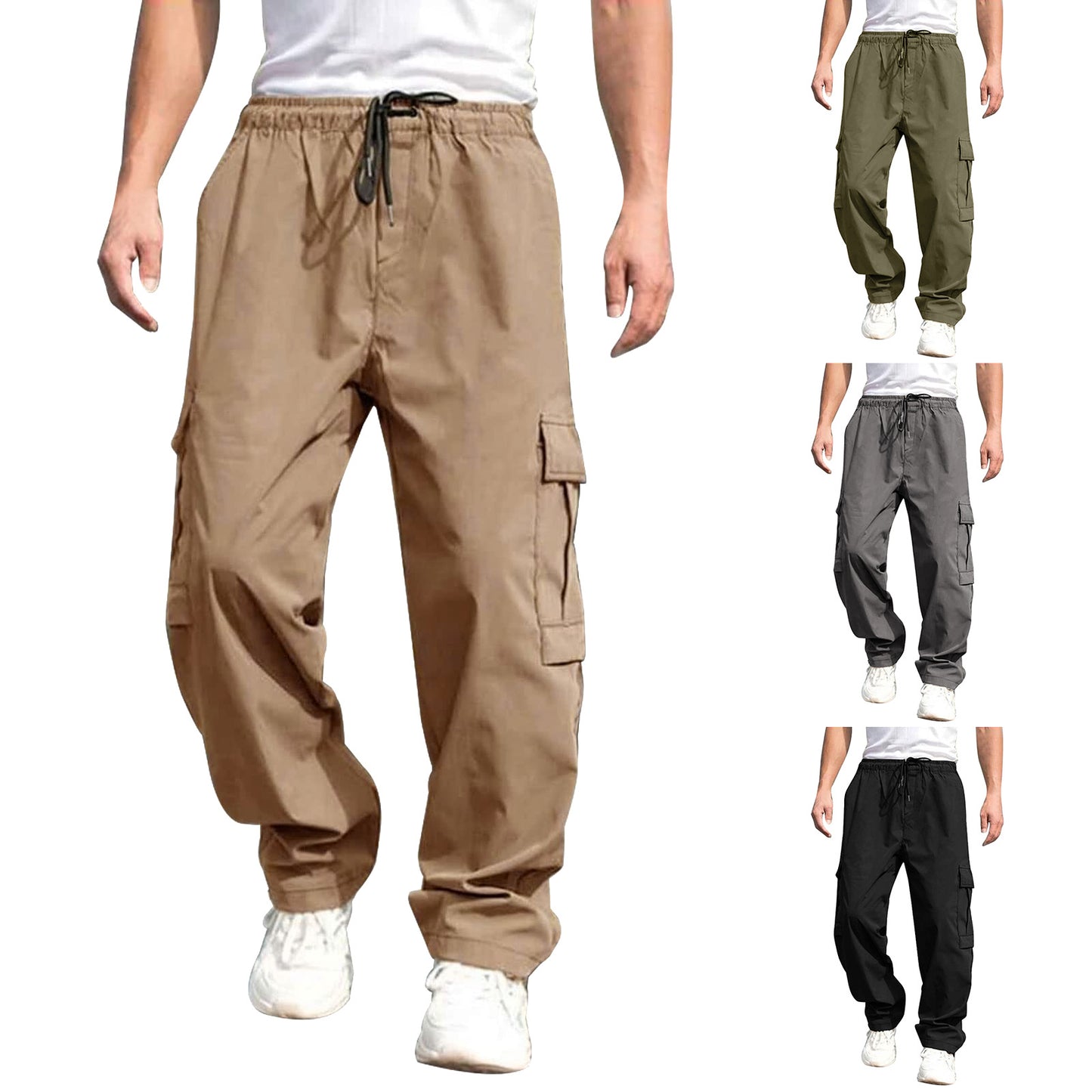 Pantalones cargo casuales para hombres Pantalones sueltos rectos con cordón en la cintura y bolsillos