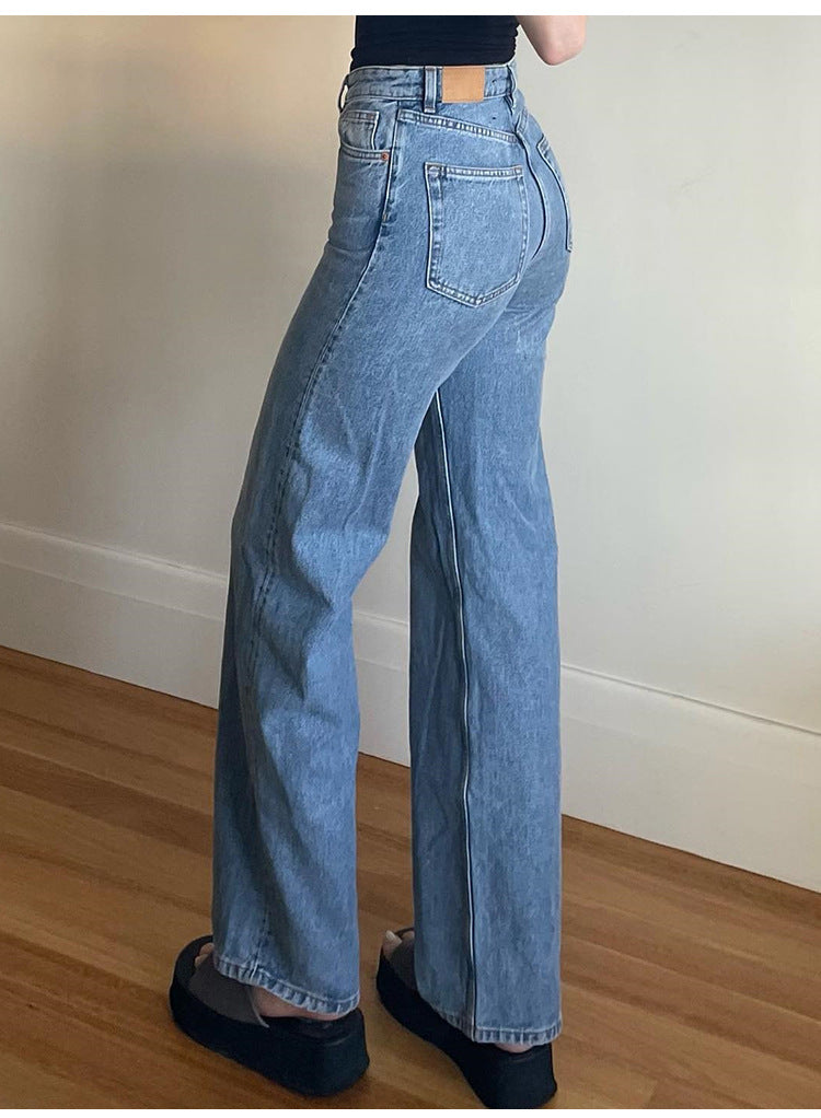 Pantalon en denim à jambe droite pour femme, rétro, ample, à la mode