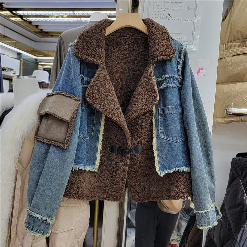 Manteau en denim en laine d'agneau avec coutures d'hiver pour femmes