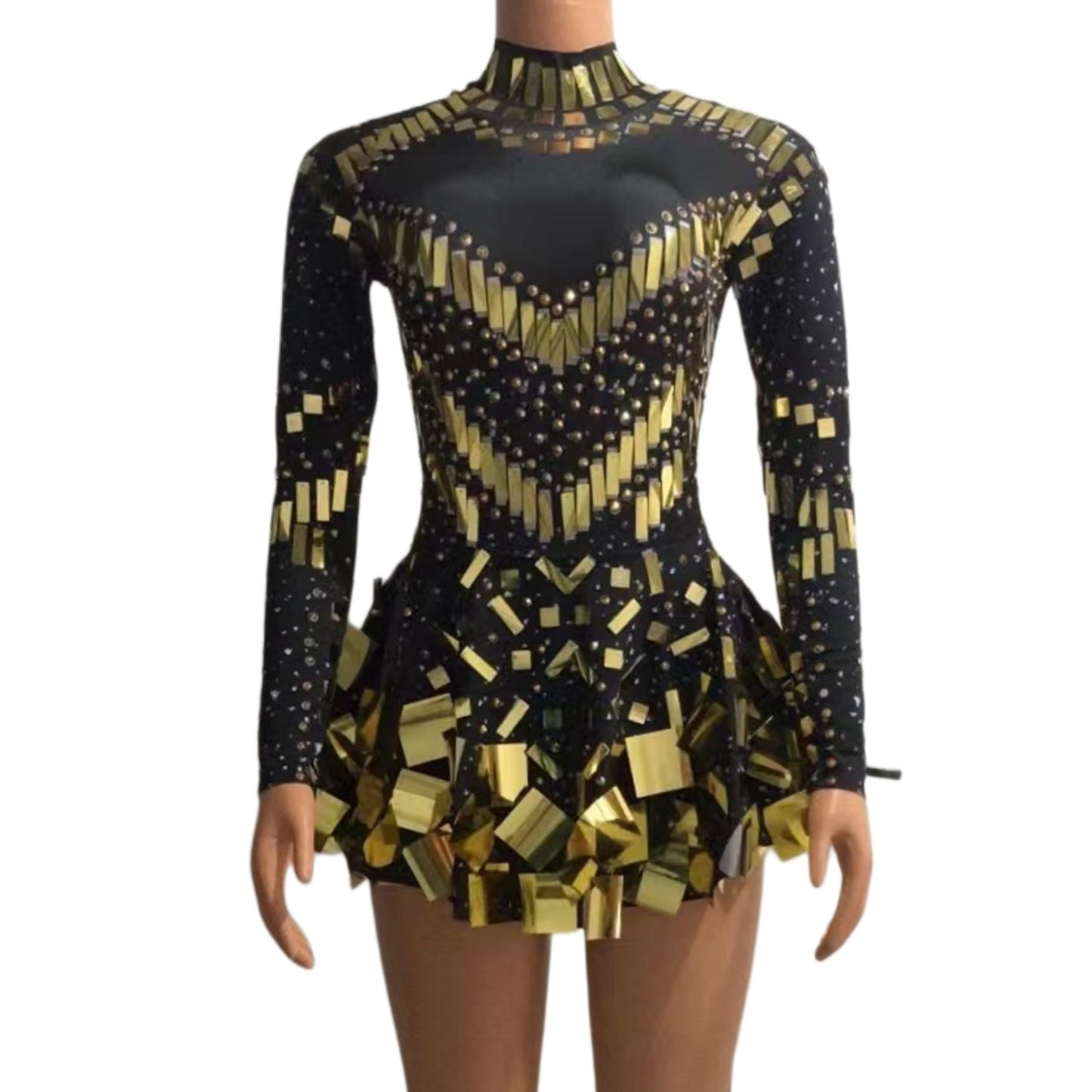 Robe de danse sur scène extensible noire, miroir brillant à la mode