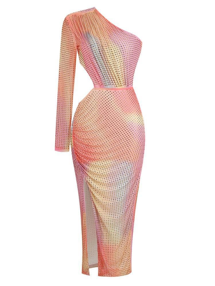 Diagonal Shoulder And Waist Revealing Colored Dress With Slit And Buttocks Wrapped