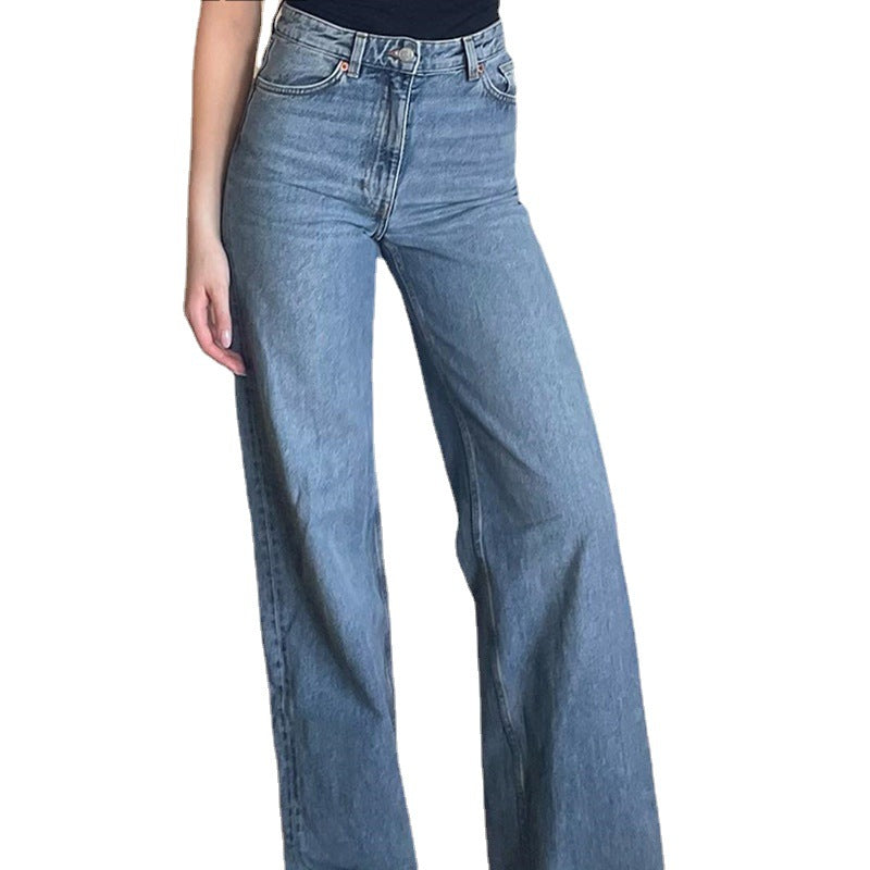 Pantalon en denim à jambe droite pour femme, rétro, ample, à la mode