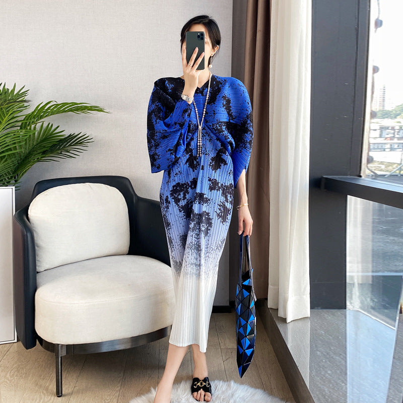 Women's Pleated Vintage Printed Batwing Sleeve Dress