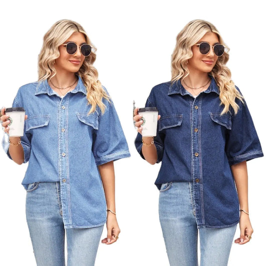 2023 New Women Summer Short Sleeve Denim Shirt Fashion Loose Mid Length Jeans Coat female Casual Clothing S-2XL