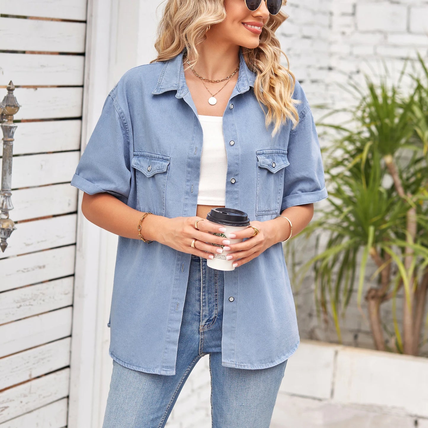 2023 Summer New Women's Short Sleeve Denim Shirt Fashion Mid Length Jeans Coat Casual Female Clothing S-XL Drop Shipping