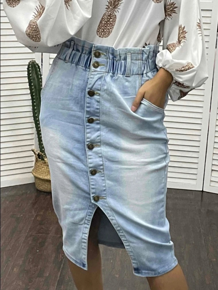 2023 New Women Summer Elastic Waist Slit Denim Skirt Fashion Slim Pack hips Mid Length Jeans Skirt Casual Female Clothing S-XL