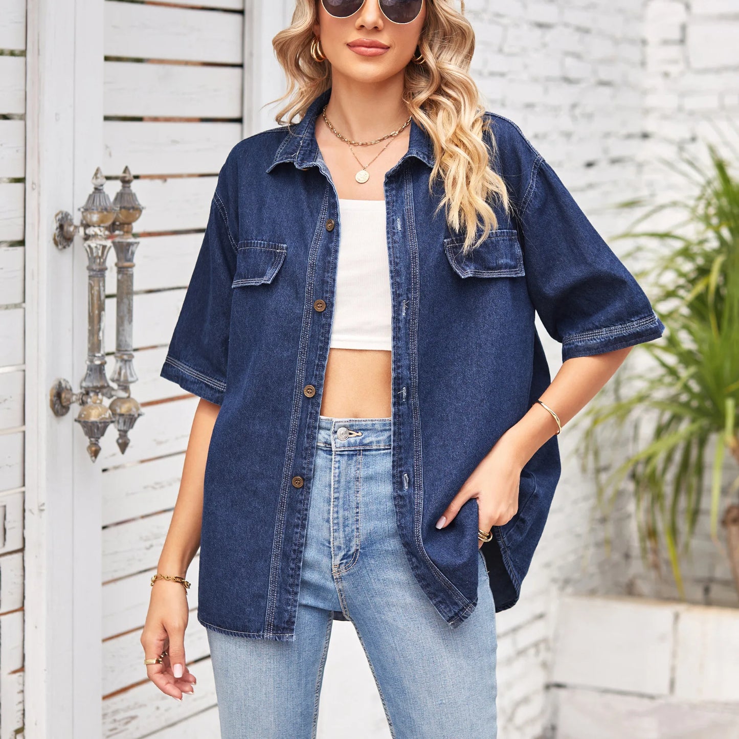 2023 New Women Summer Short Sleeve Denim Shirt Fashion Loose Mid Length Jeans Coat female Casual Clothing S-2XL