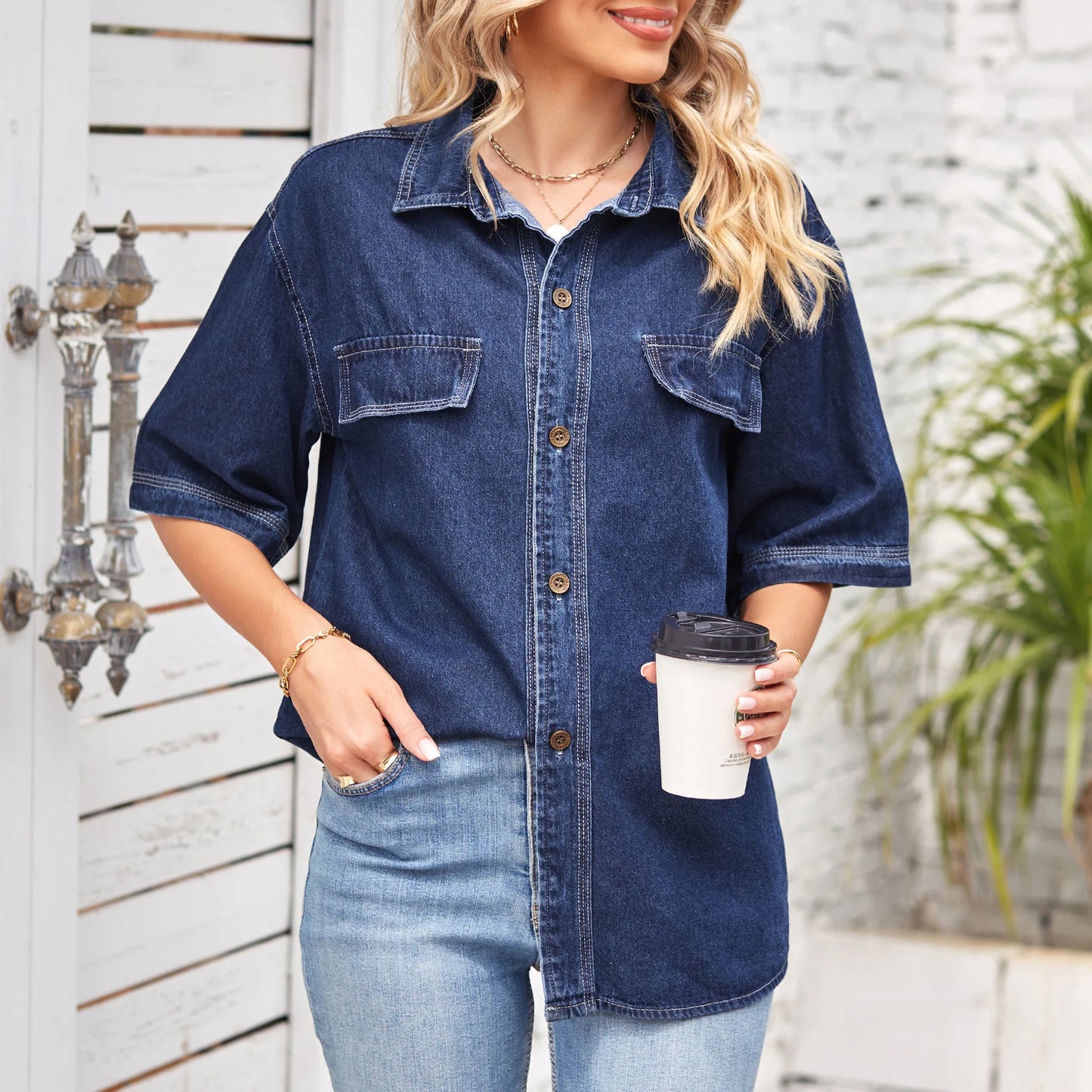 2023 New Women Summer Short Sleeve Denim Shirt Fashion Loose Mid Length Jeans Coat female Casual Clothing S-2XL