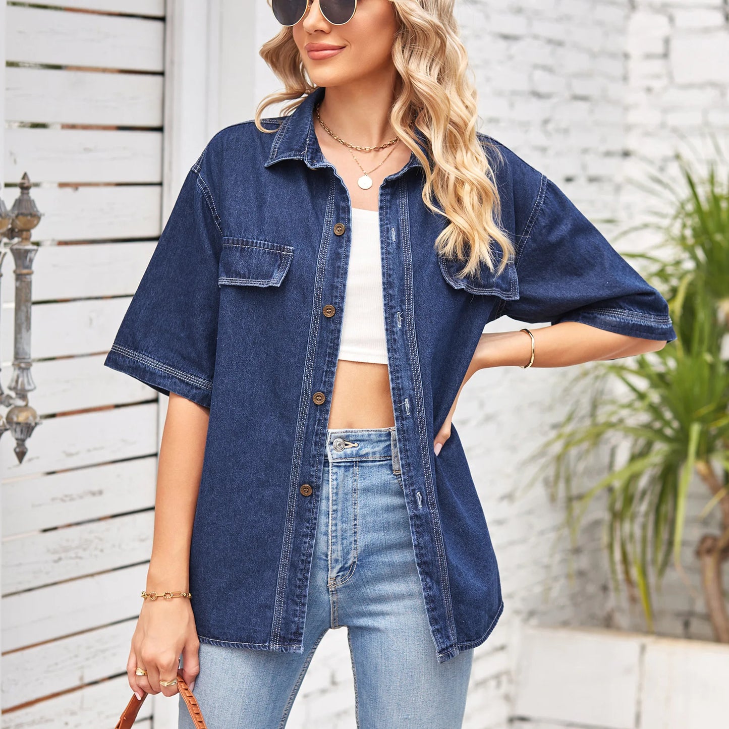 2023 New Women Summer Short Sleeve Denim Shirt Fashion Loose Mid Length Jeans Coat female Casual Clothing S-2XL