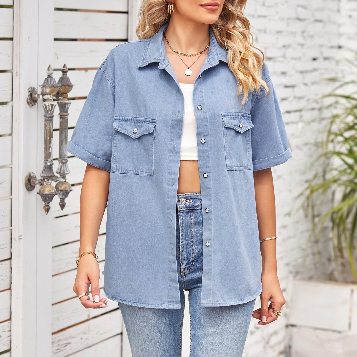 2023 Summer New Women's Short Sleeve Denim Shirt Fashion Mid Length Jeans Coat Casual Female Clothing S-XL Drop Shipping