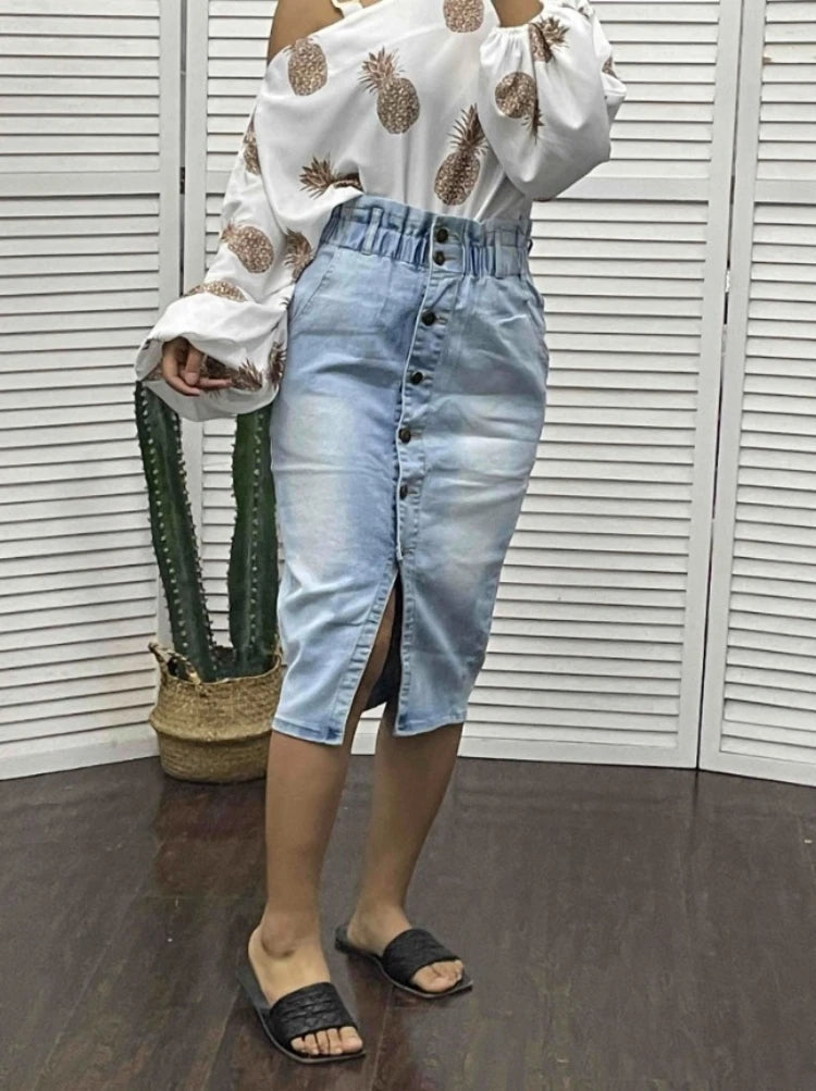 2023 New Women Summer Elastic Waist Slit Denim Skirt Fashion Slim Pack hips Mid Length Jeans Skirt Casual Female Clothing S-XL