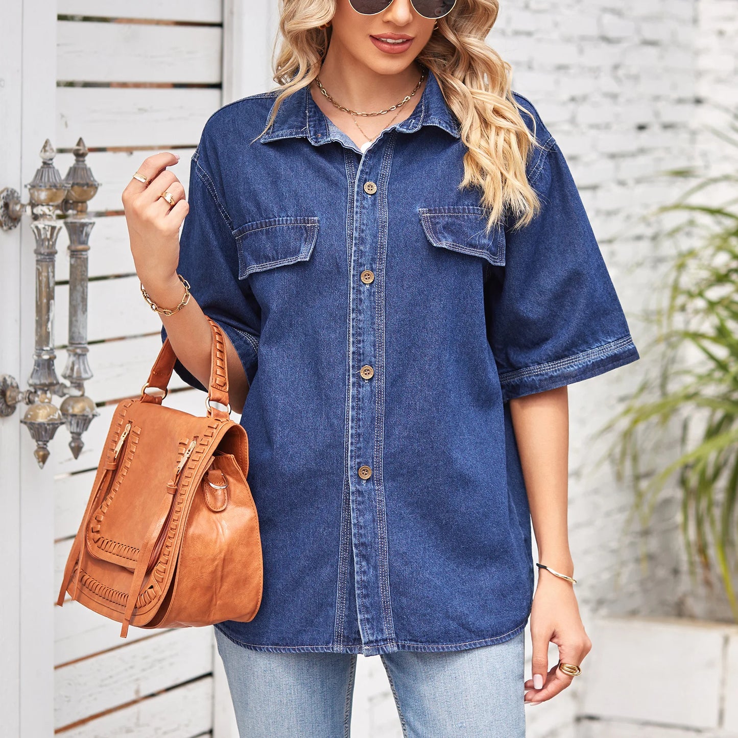 2023 New Women Summer Short Sleeve Denim Shirt Fashion Loose Mid Length Jeans Coat female Casual Clothing S-2XL