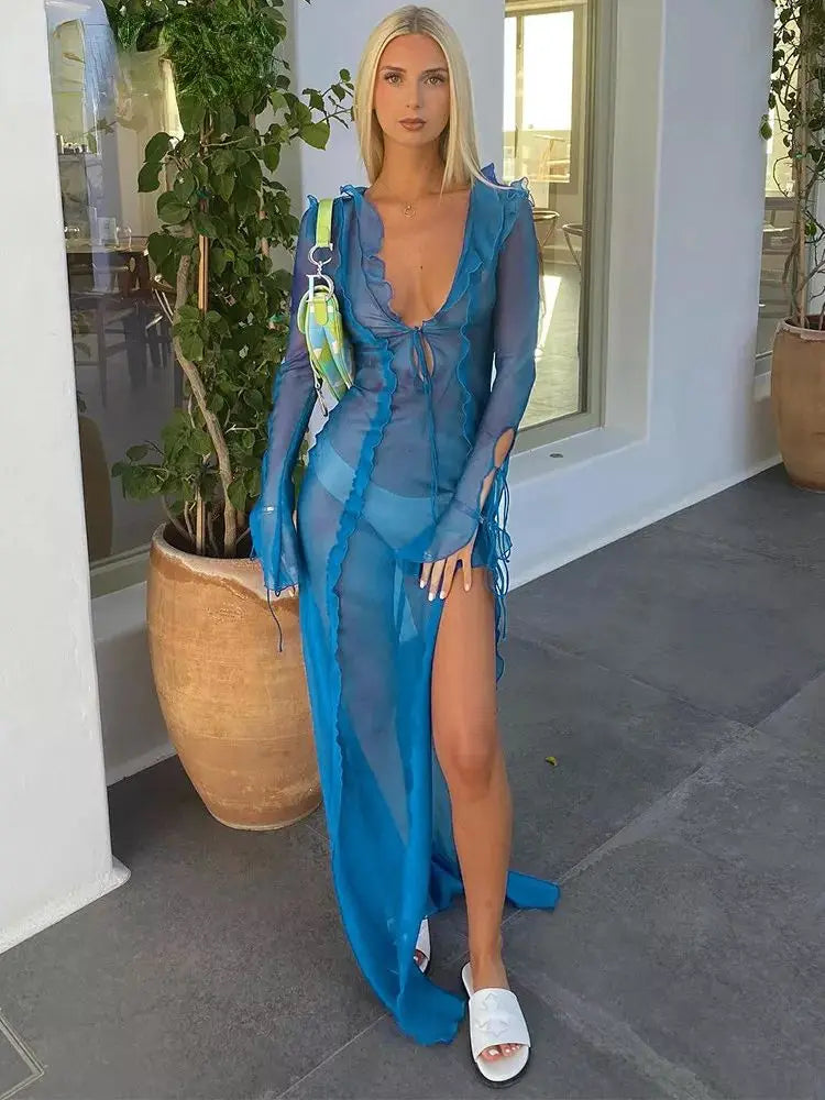 Summer Beach Dress Women Elegant Bandage Ruffles Slim Maxi Dress 2022 New Sexy Blue Long Sleeve Evening Party Dress Club Outfits