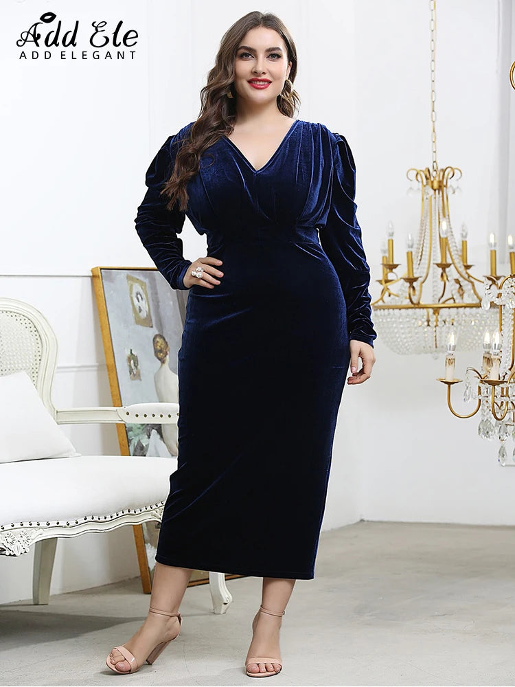 Add Elegant Plus Size 2022 Autumn Women's Dresses Vintage  Solid V Neck Rear Split Female Long Sleeve Office Lady Dress B177