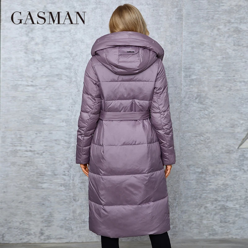 GASMAN hiver doudoune femmes longue classique fermeture éclair ceinture conception poche à capuche mince Parkas femme manteau LD-21963