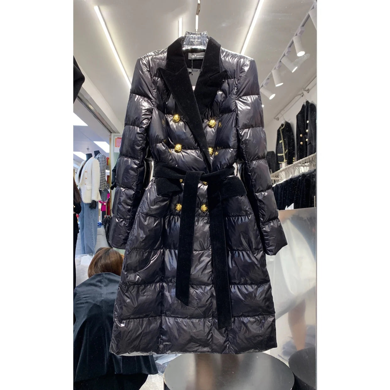 HIGH STREET Newest Winter 2024 Designer Outerwear Women's Double Row Velvet Splicing Belted Long Down Coat Overcoat