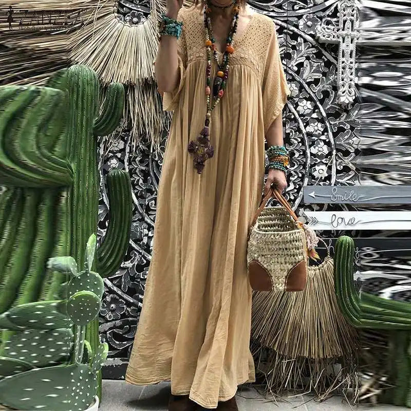 ZANZEA Maxi Vestido largo bohemio de mujer de encaje de ganchillo de verano con cuello en V manga acampanada Vestido veraniego sólido Kaftan fiesta playa Vestido holgado