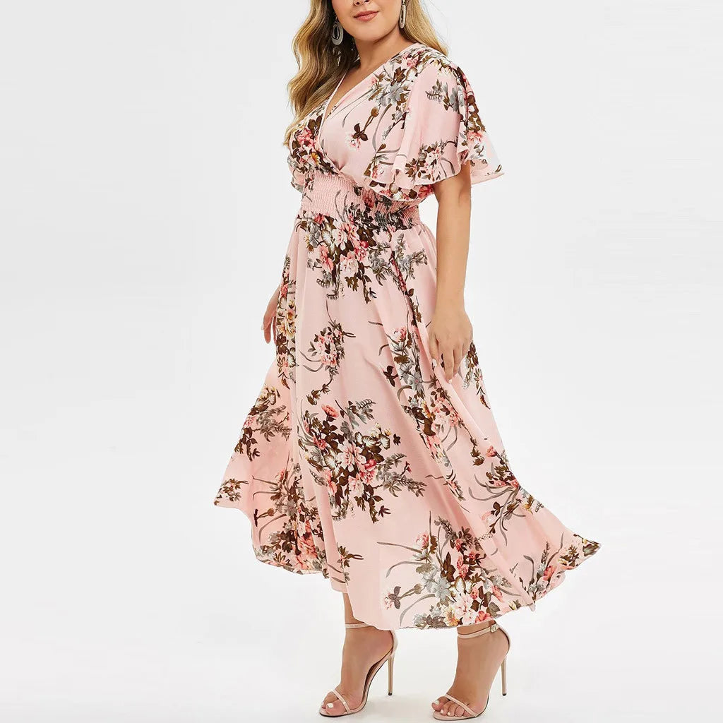 Summer Plus Size Bohemian Long Dress Women Casual Floral Printed V-neck Short Sleeve Casual Floral Beach Party Dress Vestidos