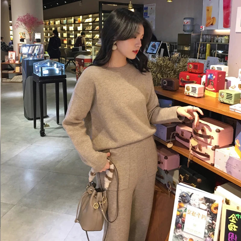 High Quality Women Cashmere Sweater Two Piece Knitted Sets Slim Tracksuit 2023 Autumn Winter Fashion Sweatshirts Sporting Suit