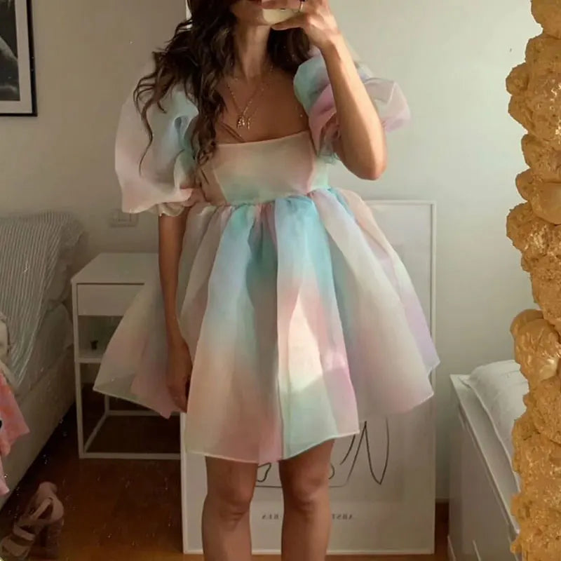 Robe de princesse Tutu en Tulle pour femmes, manches bouffantes, col carré, maille à volants, jupe à bulles, soirée de mariage, bal, Mini robe de fée