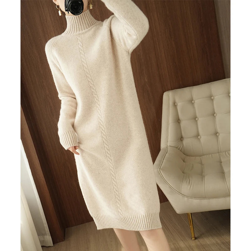 2020Thick Dress Warm 100%Wool Long Sweater Women Autumn Winter High-Neck Over-The-Knee Cashmere Knit Dress Large Size Base Shirt