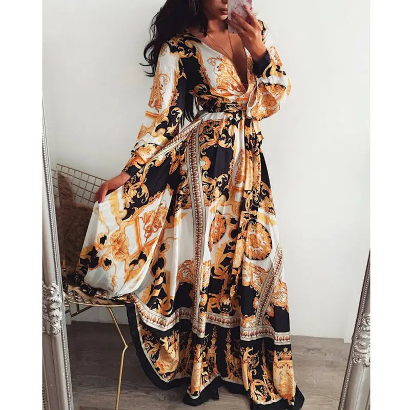 2019 mujeres Floral Boho Wrap verano cuello pico Casual fiesta de graduación Vintage Boho Maxi vestido vacaciones manga larga fiesta de noche S-XL