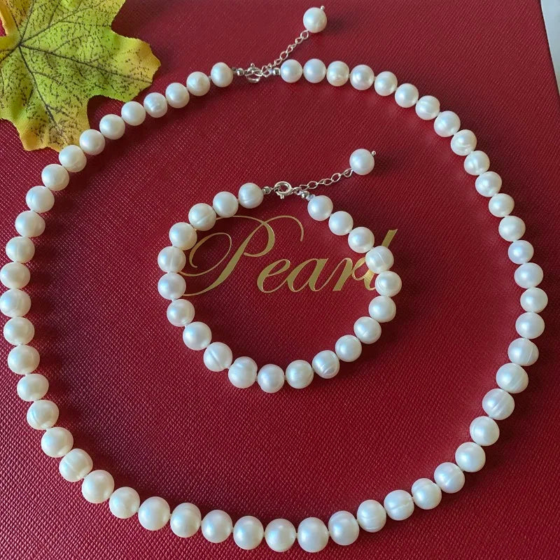 100% S925 conjuntos de joyas de perlas de plata, collares de pulsera de perlas naturales de agua dulce para mujer, regalo de aniversario de boda a la moda