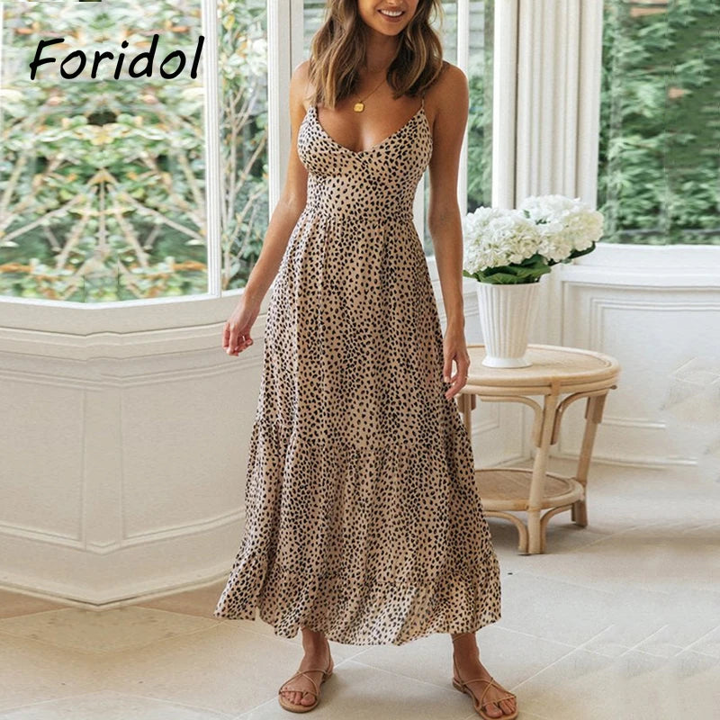 Foridol élégant dos nu à lacets robe d'été femmes vêtements sans manches léopard Maxi Boho robe de plage dame longue robe Feminino