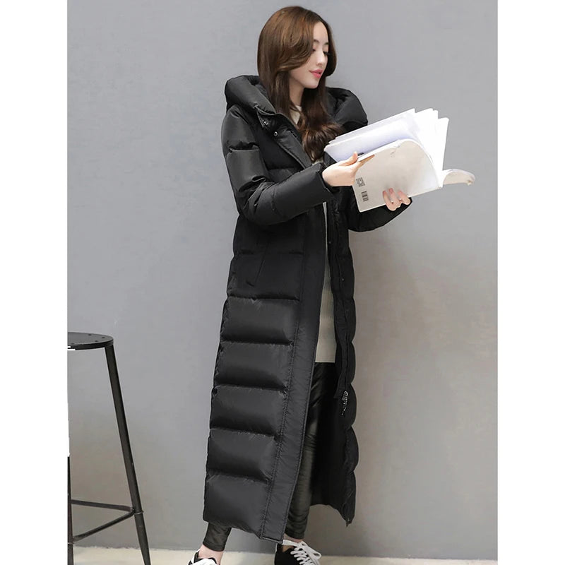 Doudoune super longue pour femme, manteau épais, bouffant, noir, rouge, fermeture éclair à capuche, garde au chaud, hiver