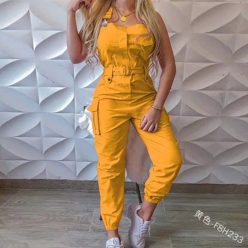 2021 New Style Women Solid Color Cargo Jumpsuit with Waistband Square Collar Sleeveless Overalls Plus Size S-XXXL