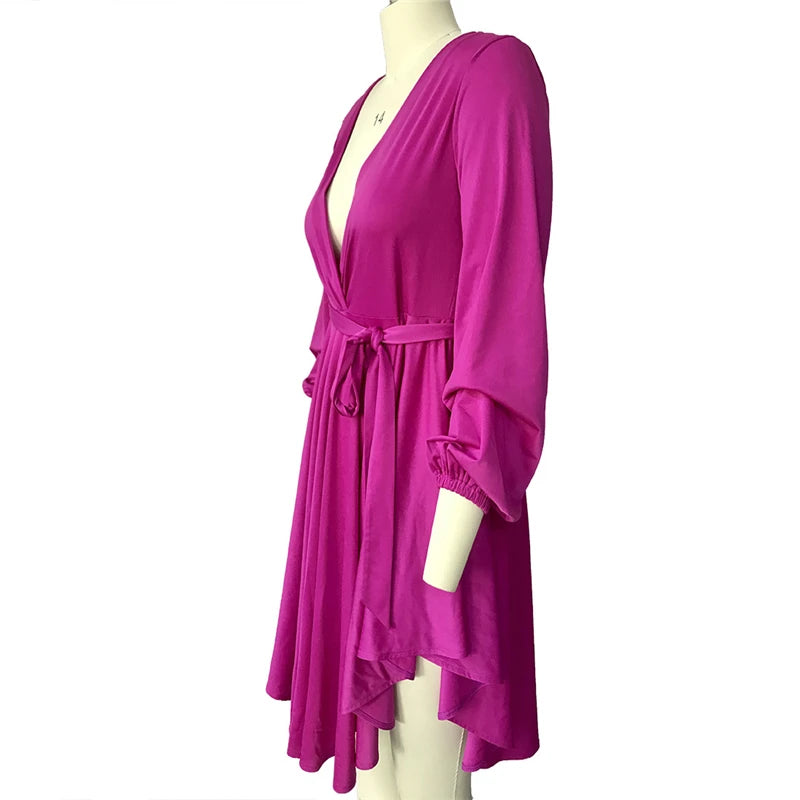 Mini robe irrégulière à manches longues pour femmes, élégante, avec lacets, taille haute, grande taille, chemise, vente en gros, livraison directe