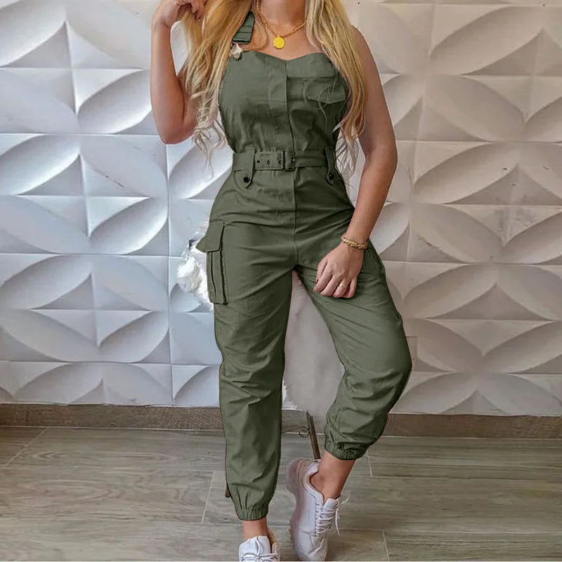 2021 New Style Women Solid Color Cargo Jumpsuit with Waistband Square Collar Sleeveless Overalls Plus Size S-XXXL